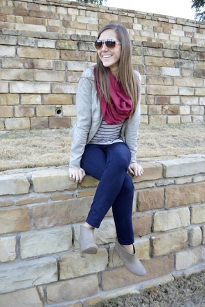 striped sweater + maroon scarf + leather jacket + skinnies + booties