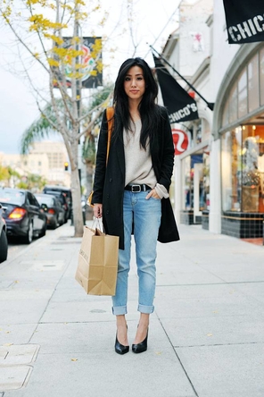 Denim + Black Pumps and Trench