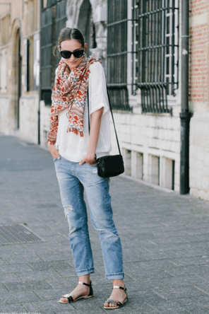 rolled denim / draped sweater / patterned scarf / sandals