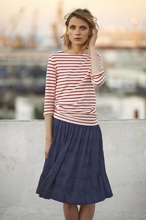 stripes + dotted skirt / subtle pattern mixing