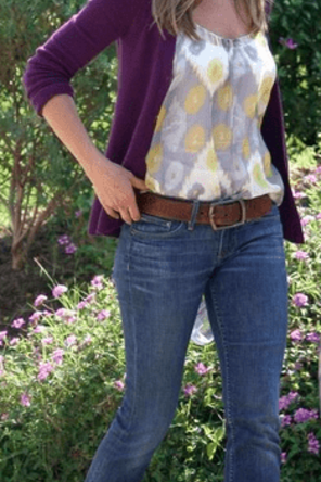 eggplant and patterned layers / denim / cognac or brown
