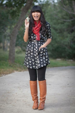 Patterned Dress + Boots + Tights