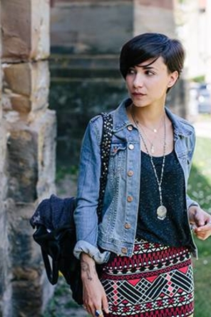 patterned skirt / black tank / denim jacket