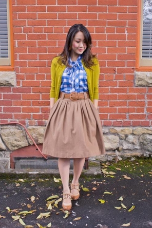 mustard cardigan / gingham / khaki skirt 