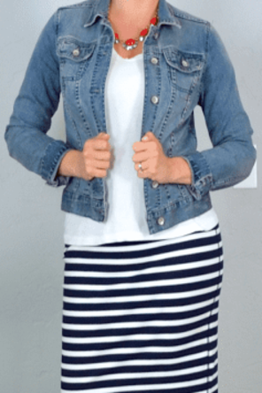 striped skirt / white top / denim jacket