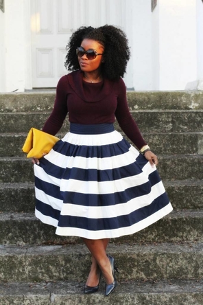 burgundy / yellow / navy + white striped A-line skirt
