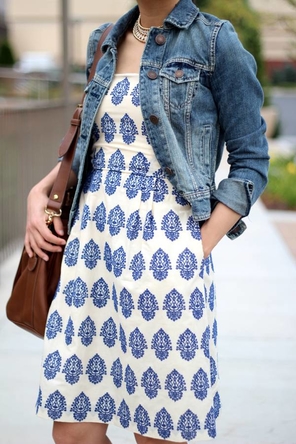 patterned blue dress / denim jacket / tan or cognac