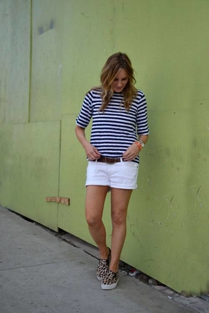 nautical stripes / white denim shorts / leopard slides