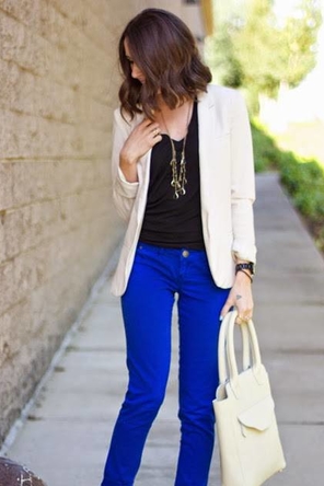 cobalt denim / black / cream or white blazer