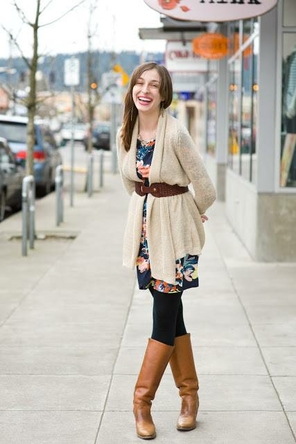 floral dress / belted cardigan / boots