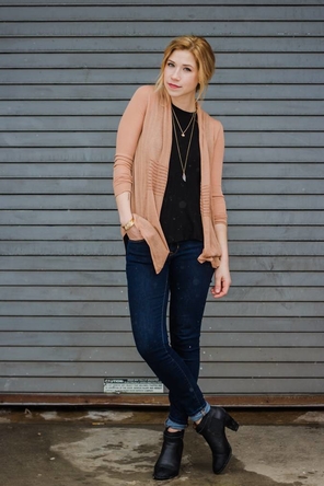 black T / layered necklaces / blush cardigan / rolled denim / boots