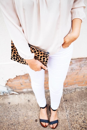 white top + denim / leopard clutch / black sandals