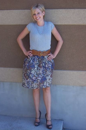 belted floral skirt + sweater top and pearls