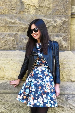 floral dress / leather jacket / tights