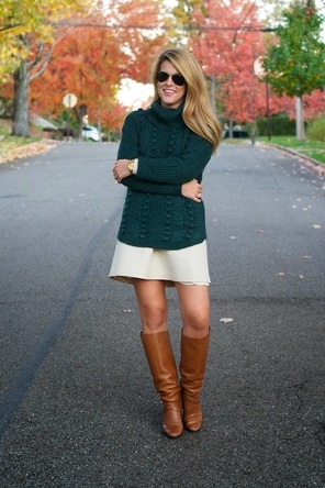 hunter green cable sweater / khaki skirt / cognac boots