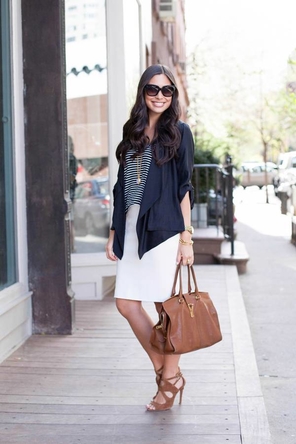 white pencil skirt / nautical stripes / navy cardigan / cognac / outfit