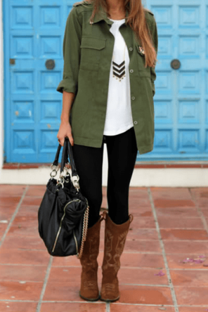 olive utility jacket / white top / black skinnies / brown boots